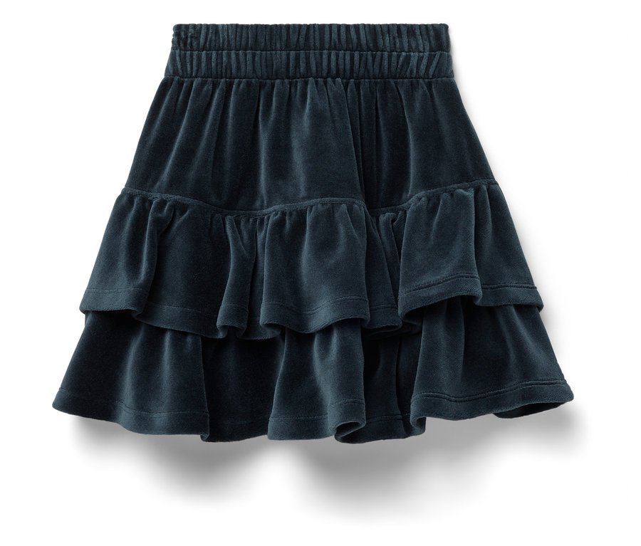 Ein dunkelblauer Samtrock mit zwei Rüschen und einem elastischen Bund.