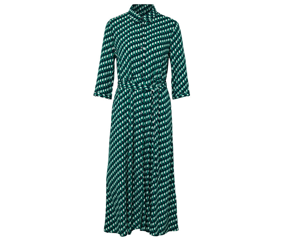 Grünes und weißes gemustertes Kleid mit Gürtel.