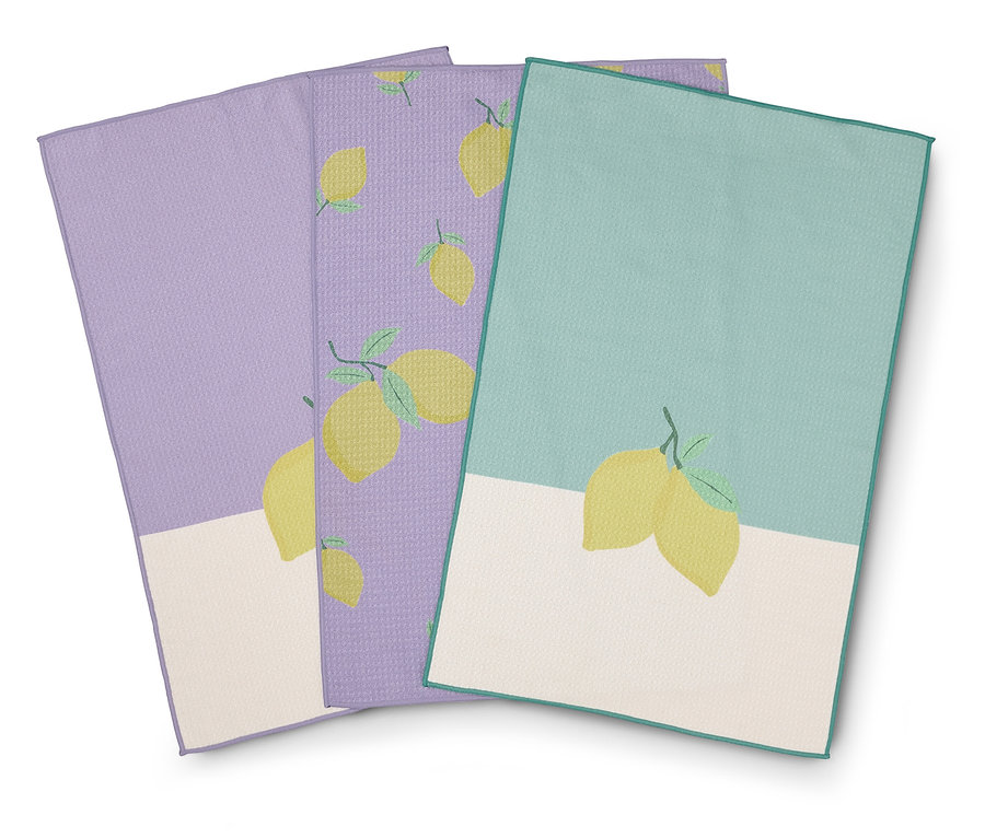 Drei Geschirrtücher mit Zitronenmuster in Lavendel, Lila und Türkis.