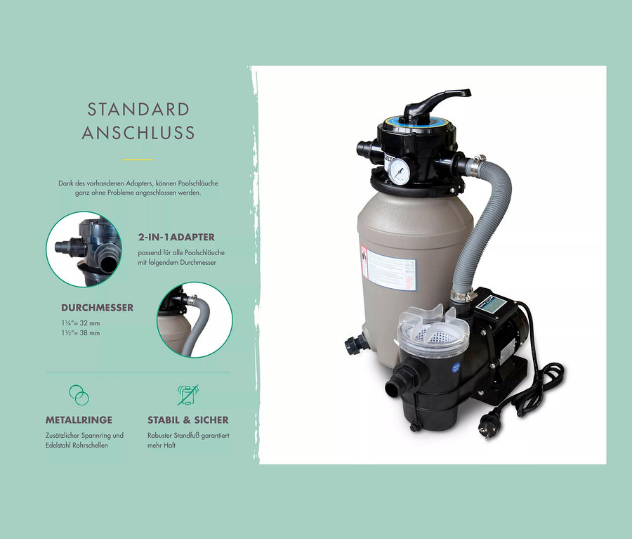 Sandfilteranlage mit grauem Behälter und schwarzer Pumpe dargestellt. Karibu Gartenpool-Set und Minipool-Set Zubehör sichtbar.