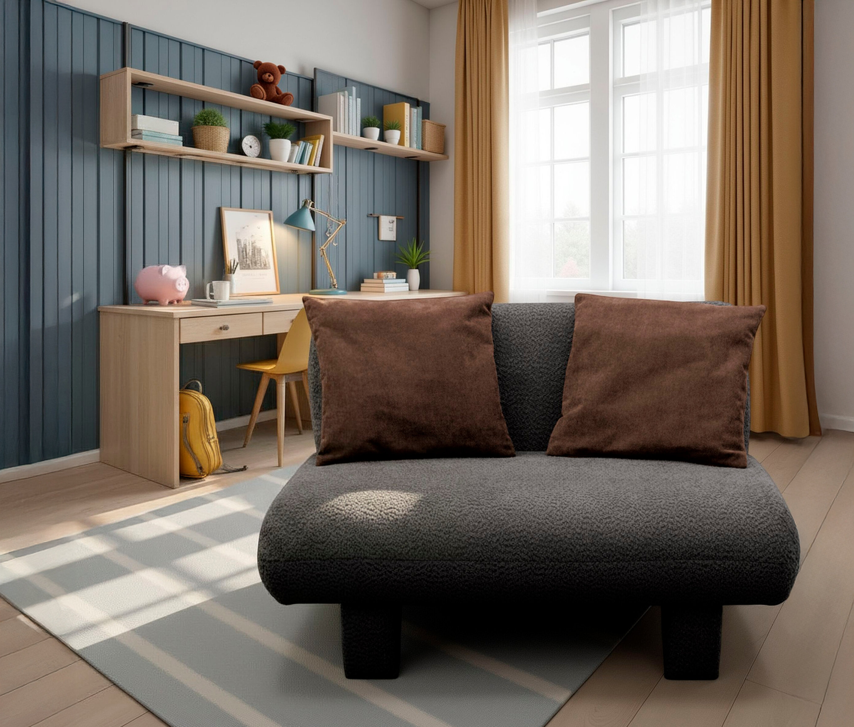 Graues Domo Sofa »Alicante» mit braunen Kissen im Raum.