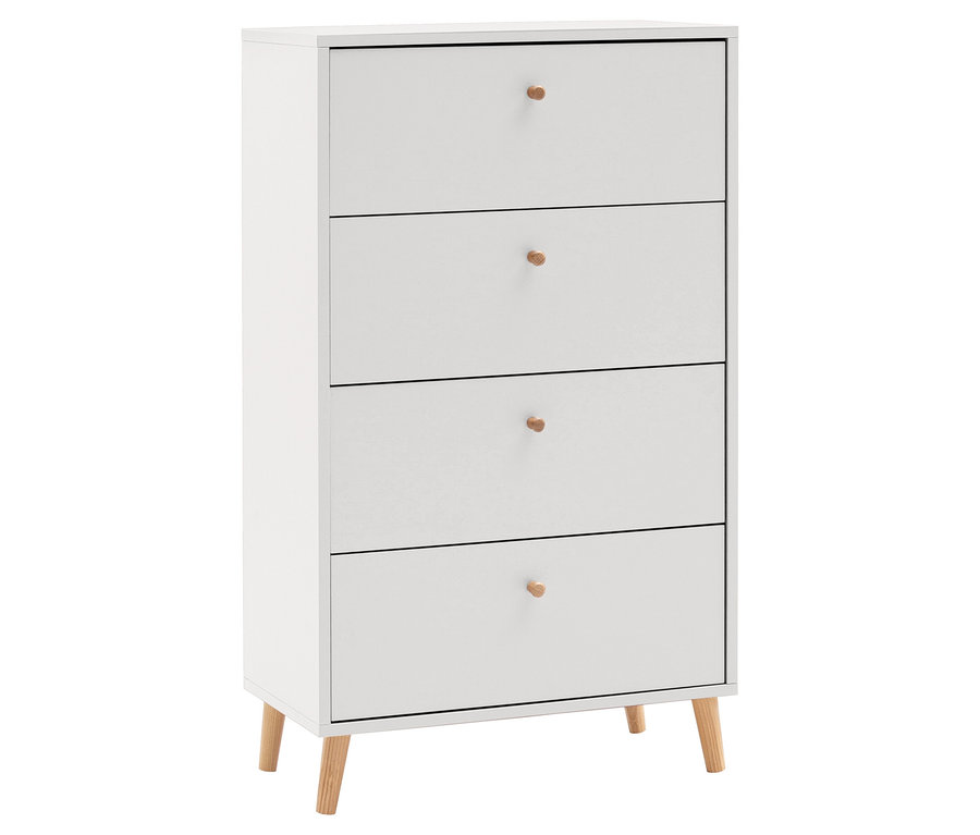 Weiße, matte Kommode »Bjarne« mit vier Schubladen und hellbraunen runden Griffen.