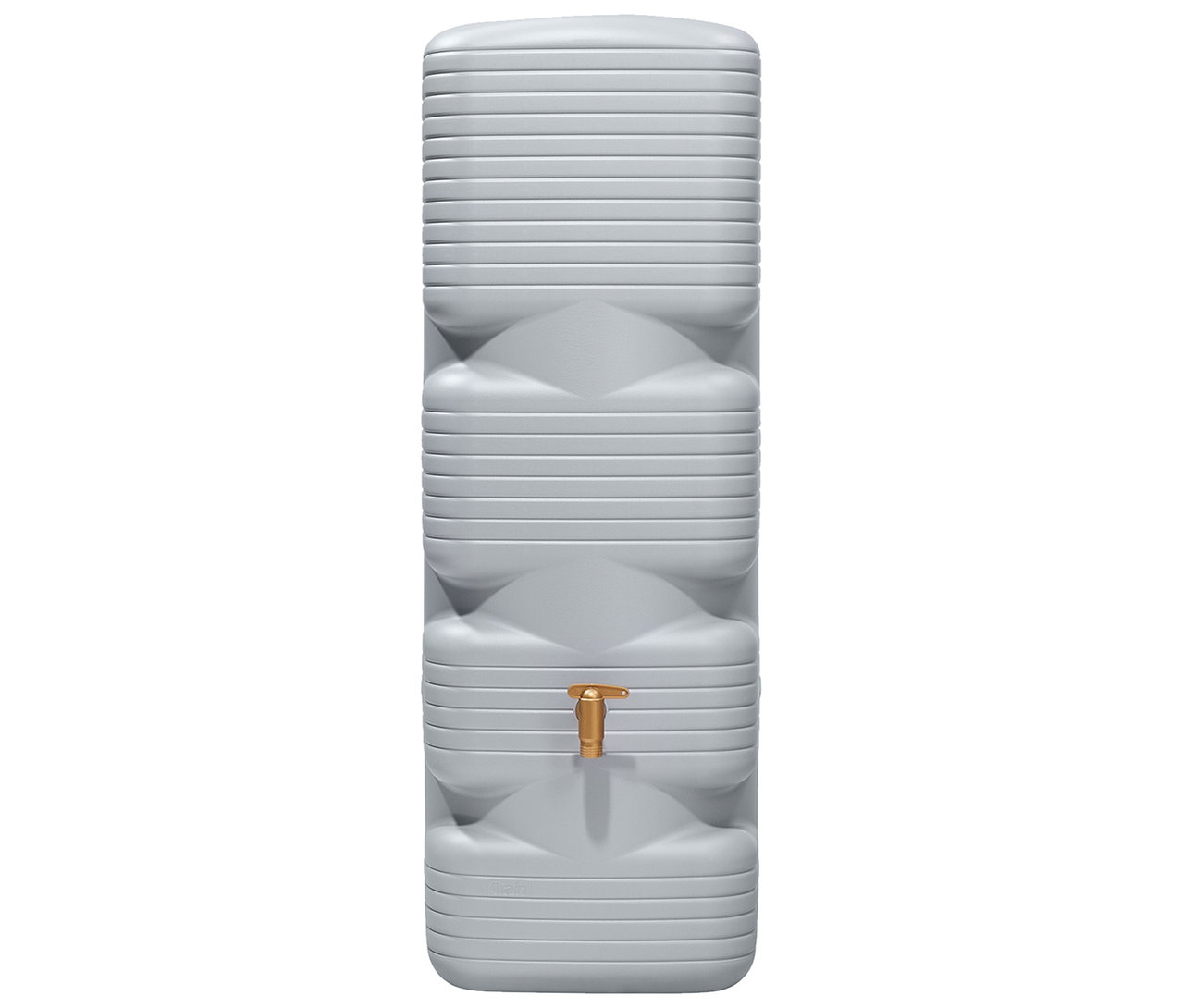 Grauer, schlanker Regenwassertank mit einem goldenen Hahn in der Mitte.