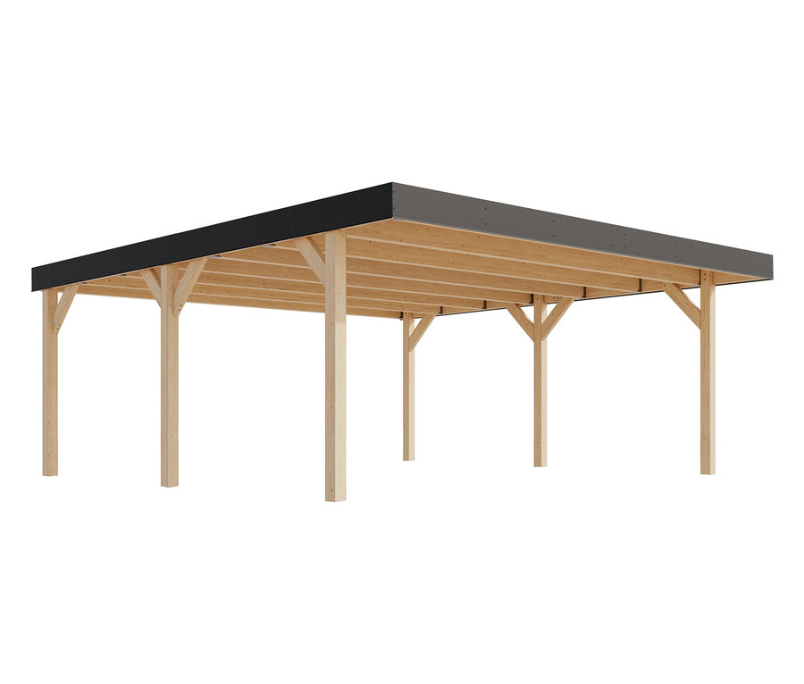 Karibu Doppel-Carport aus hellem Holz mit dunkelgrauem Dach auf weißem Hintergrund.