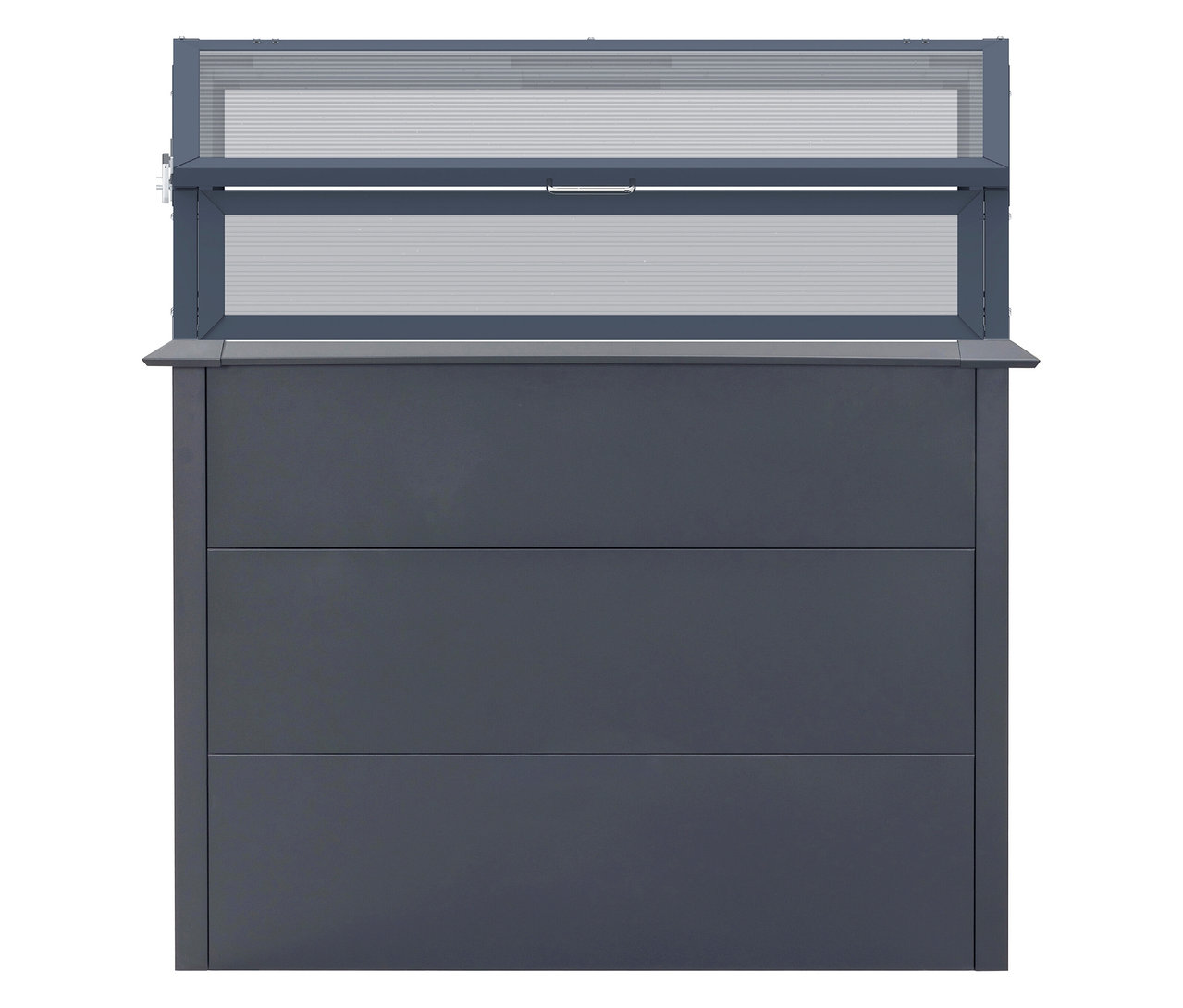 Ansicht eines anthrazitfarbenen Hochbeets Schneckenschutz mit Frühbeetaufsatz und Metall-Hochbeet mit Stauraum und Aufsatz.