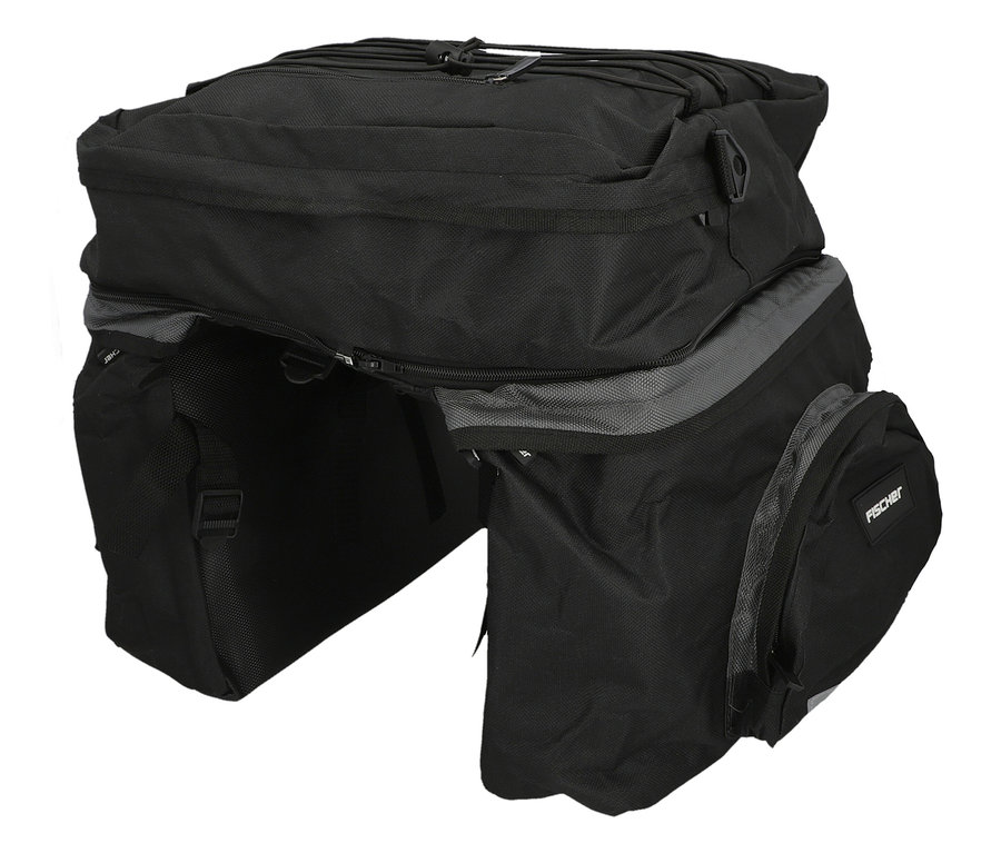 Nahaufnahme der schwarzen FISCHER Gepäckträgertasche mit mehreren Fächern und grauen Akzenten.