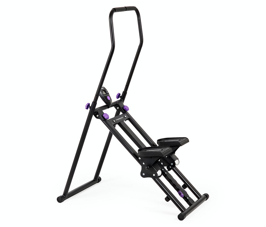 Ein schwarzer Stepper mit lila Akzenten steht auf einem weißen Hintergrund.