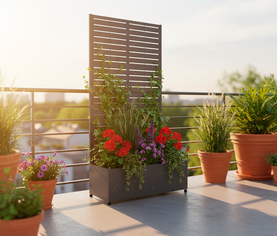 Sichtschutz mit Pflanzkasten, 90 x 184 x 42,5 cm, mit roten und lila Blumen bepflanzt, steht auf einem sonnigen Balkon.