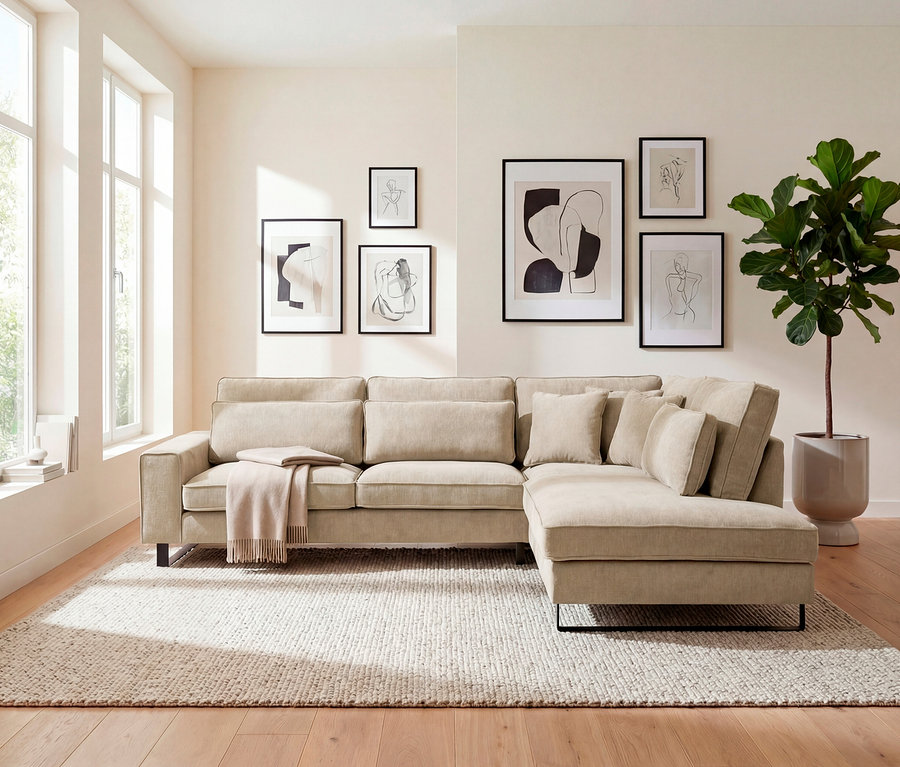 Beiges Ecksofa mit Kissen und einer Decke im Wohnzimmer mit Kunstwerken und einer Zimmerpflanze.