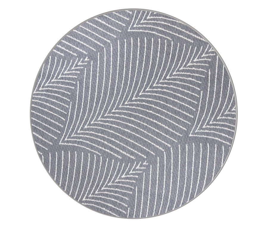 Grauer runder Teppich mit weißem Blattmuster.
