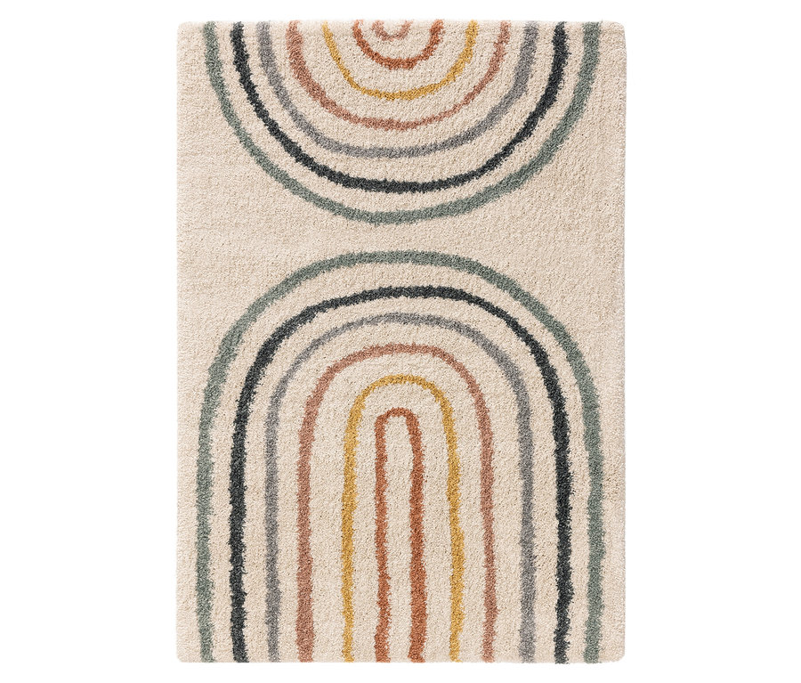 Ein beiger Teppich mit bunten Regenbogenlinien.