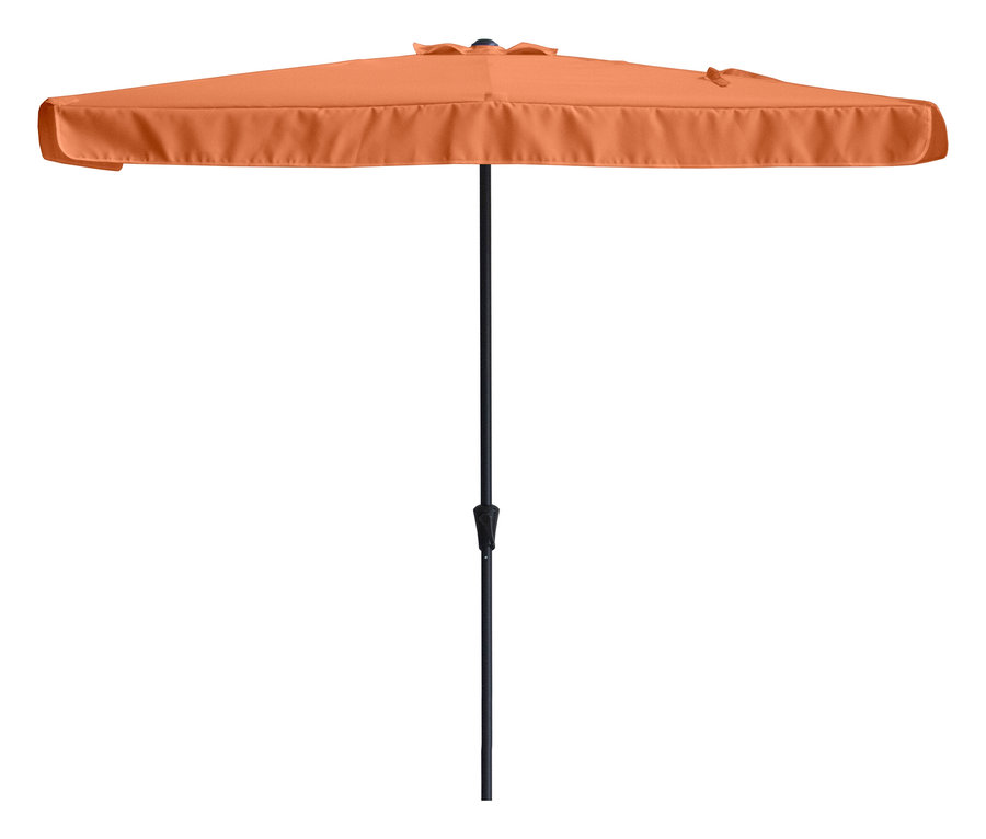 Quadratischer, orangefarbener Sonnenschirm mit schwarzem Mast.
