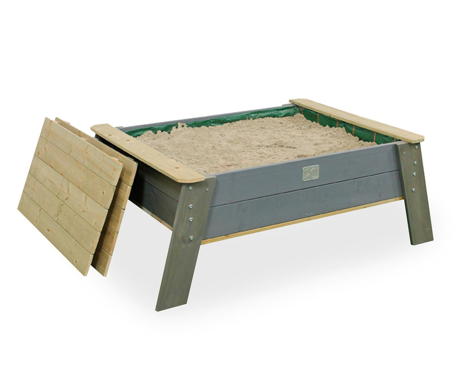 Grauer EXIT XL-Sandtisch »Aksent« mit gelbem Sand und Holzdeckel.