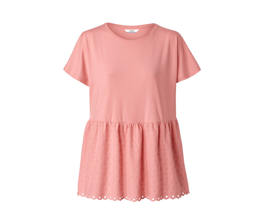 Korallefarbenes Shirt im Materialmix mit Stickerei.