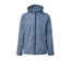 Blaue Unisex-Regenjacke mit Kapuze und Reißverschluss in der Mitte.