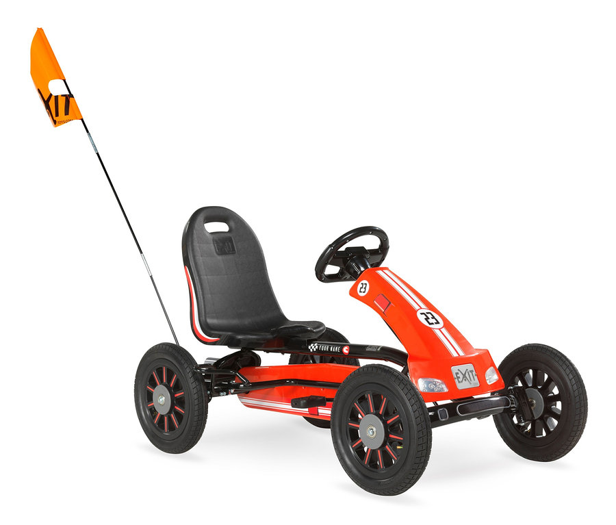 Ein rotes EXIT-Race-Gokart »Spider« mit schwarzem Sitz und orangefarbener Fahne.