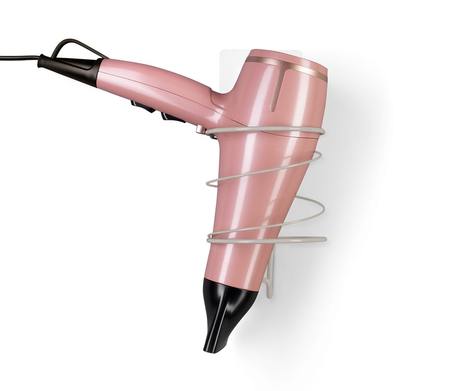 Rosa Haartrockner im Haartrockner-Halter.