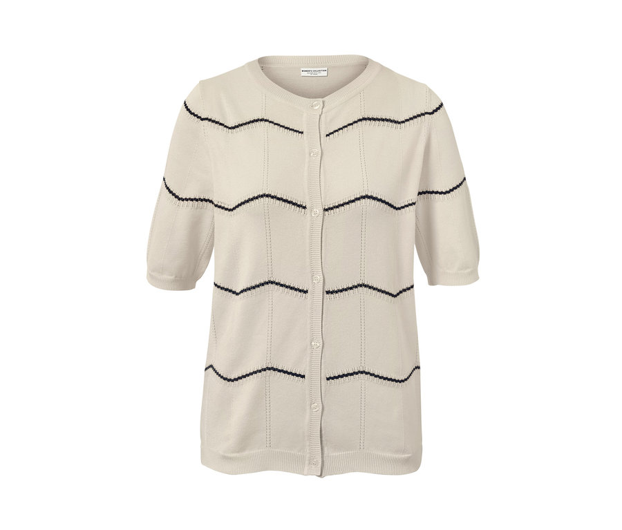 Ein Feinstrick-Cardigan mit Ajour-Muster in Beige.