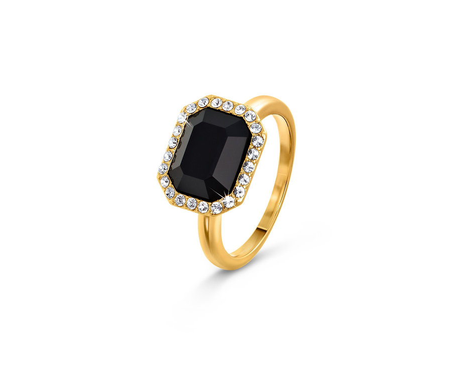 Goldener Ring Royal Black mit schwarzem, rechteckigem Stein und klaren Kristallen.