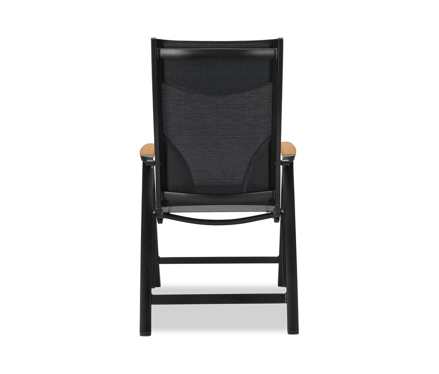 Rückansicht eines schwarzen Hochlehners mit verstellbarer Rückenlehne und hellen Armlehnen.