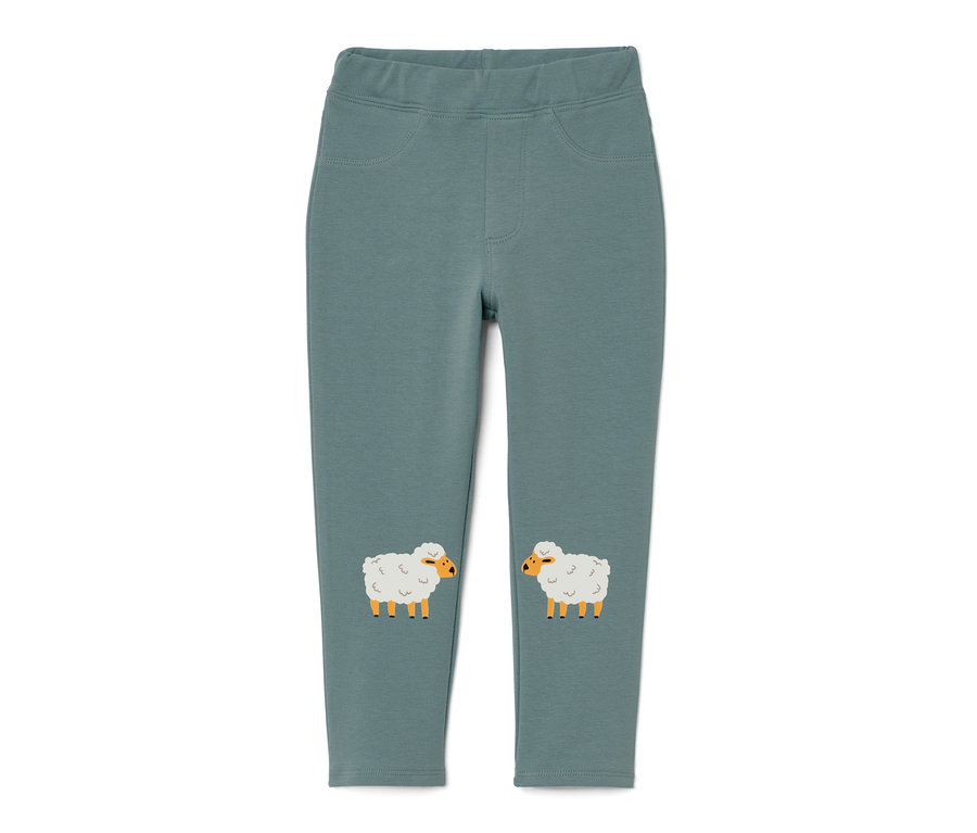 Kleinkind-Treggings in Blaugrün mit Schaf-Motiv.