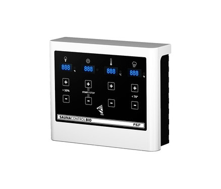 Nahaufnahme des Bedienfelds der Karibu Sauna »Vivi 1«, Bio, mit digitaler Anzeige und Tasten.