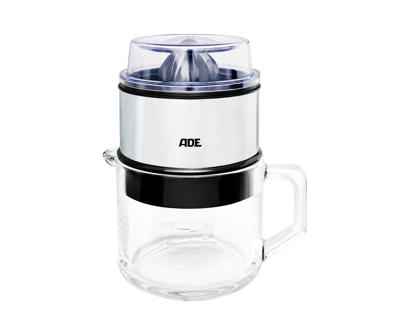 ADE Elektrische Saft-und-Zitruspresse »KA1803« mit silbernem Motor und transparentem Behälter mit Messskala.
