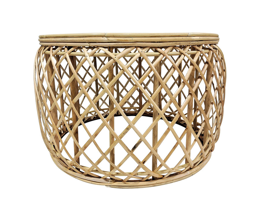 Ein Korbtisch Kayoom Massa mit runder Platte und geflochtenem Gestell.