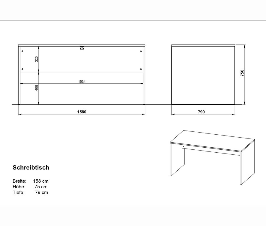 Technische Zeichnung des Schreibtischs »Lissabon« mit Abmessungen.