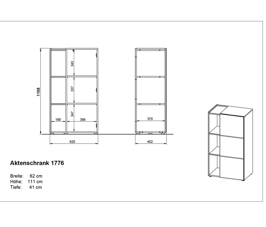 Schwarze Umrisszeichnungen eines kleinen Aktenschranks "Olvera" mit Maßangaben.