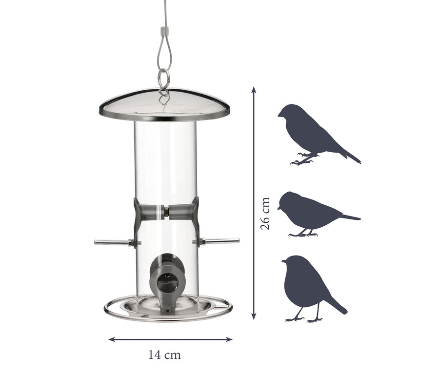 Ein Futterspender mit Acrylglasröhre ist neben Vogelsilhouetten und Maßangaben abgebildet.