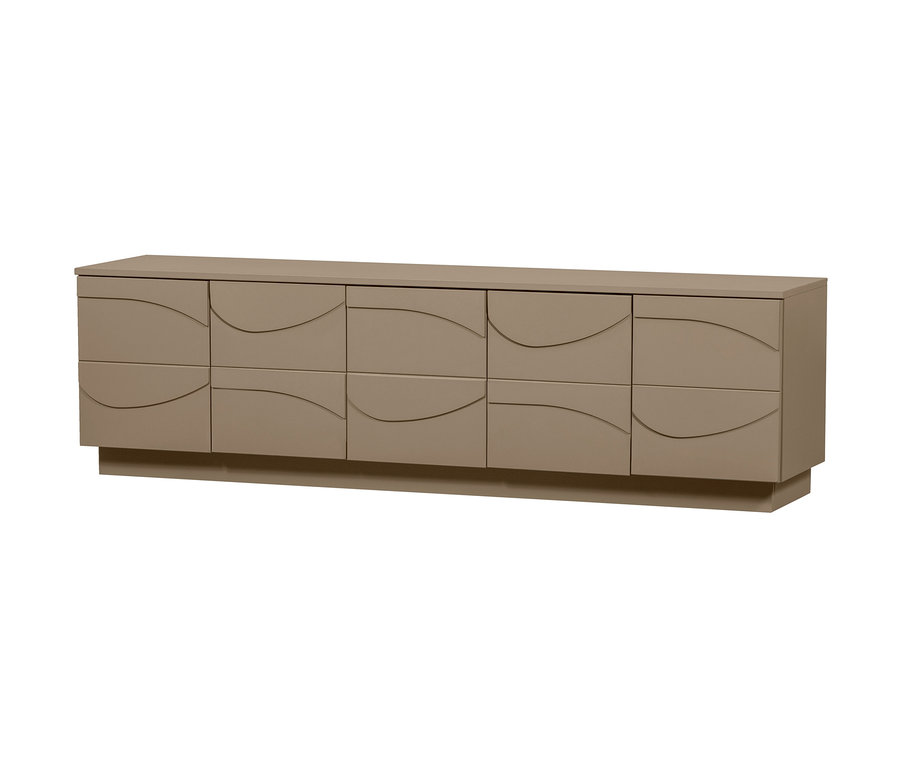 Beiges Woood TV-Möbel »Teo« mit acht Schubladen in zwei Reihen.