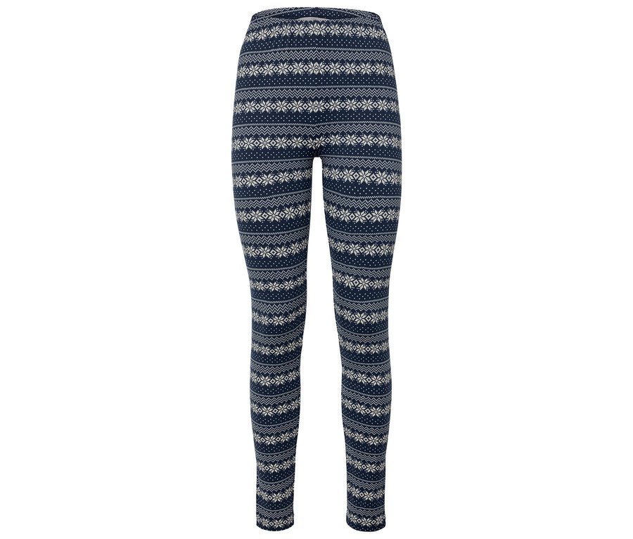 Marineblaue Leggings mit weißem Schneeflockenmuster.
