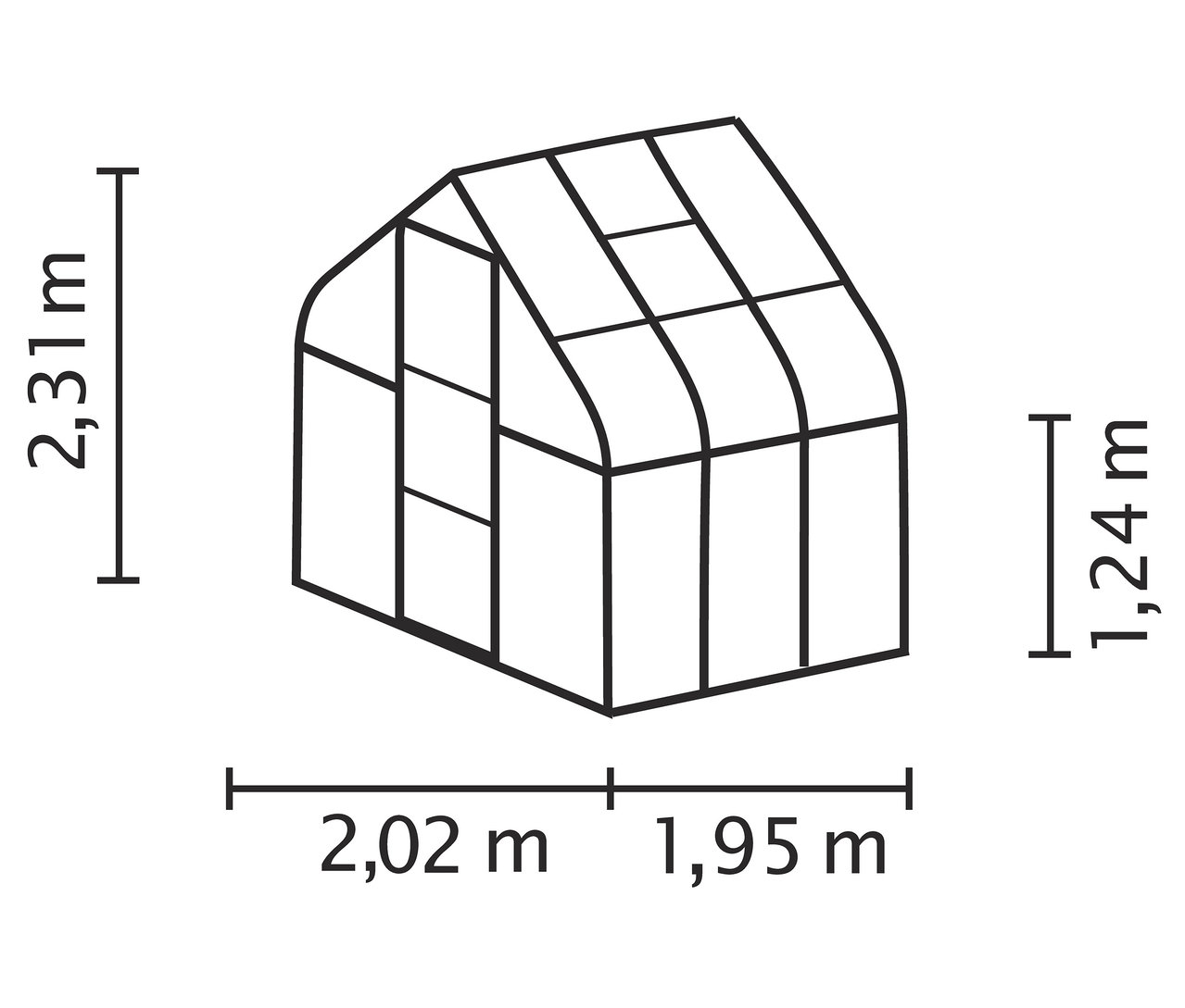 Abbildung eines Vitavia-Gewächshauses »Orion 3800« mit Einscheibensicherheitsglas; die Abmessungen betragen 2,31 m, 1,24 m, 2,02 m und 1,95 m.