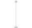 Weiße Stehlampe mit rundem Lampenschirm und Sockel.