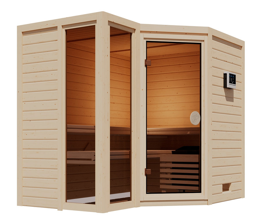 Karibu Sauna »Ayla«, Eckeinstieg mit Glastür und Holzeinrichtung.