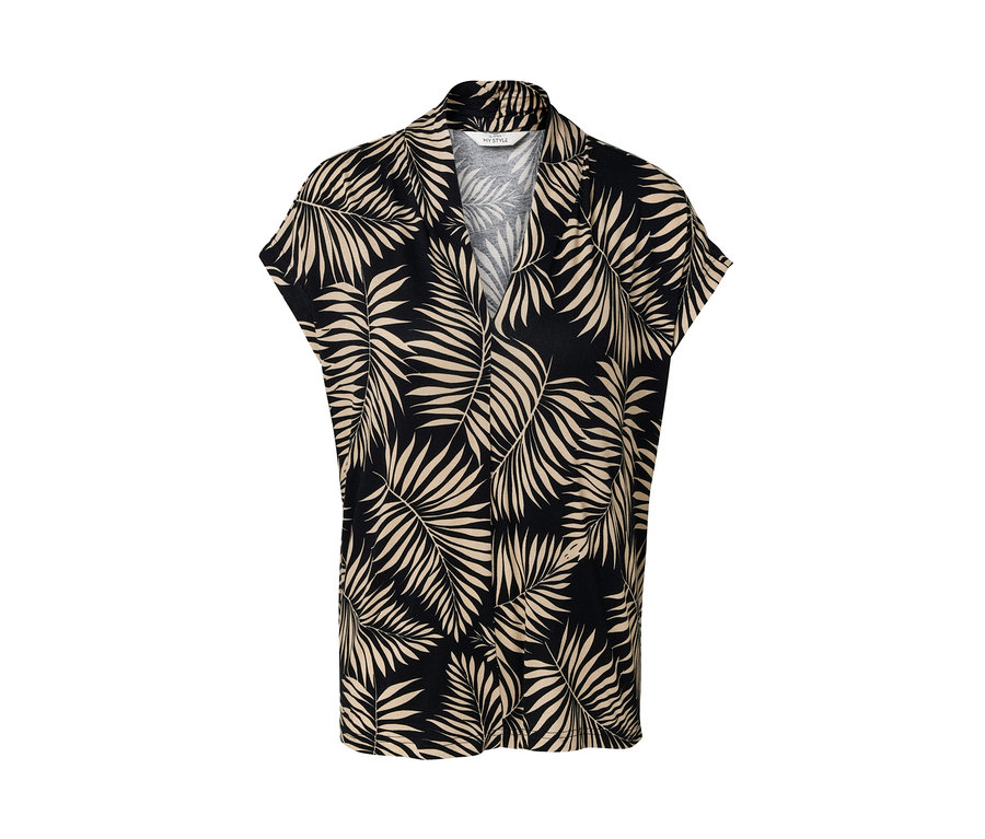 Bedrucktes Blusenshirt mit V-Ausschnitt und Blättermuster.