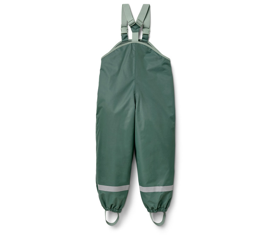 Grüne Kinderregenhose mit Latz und reflektierenden Streifen.