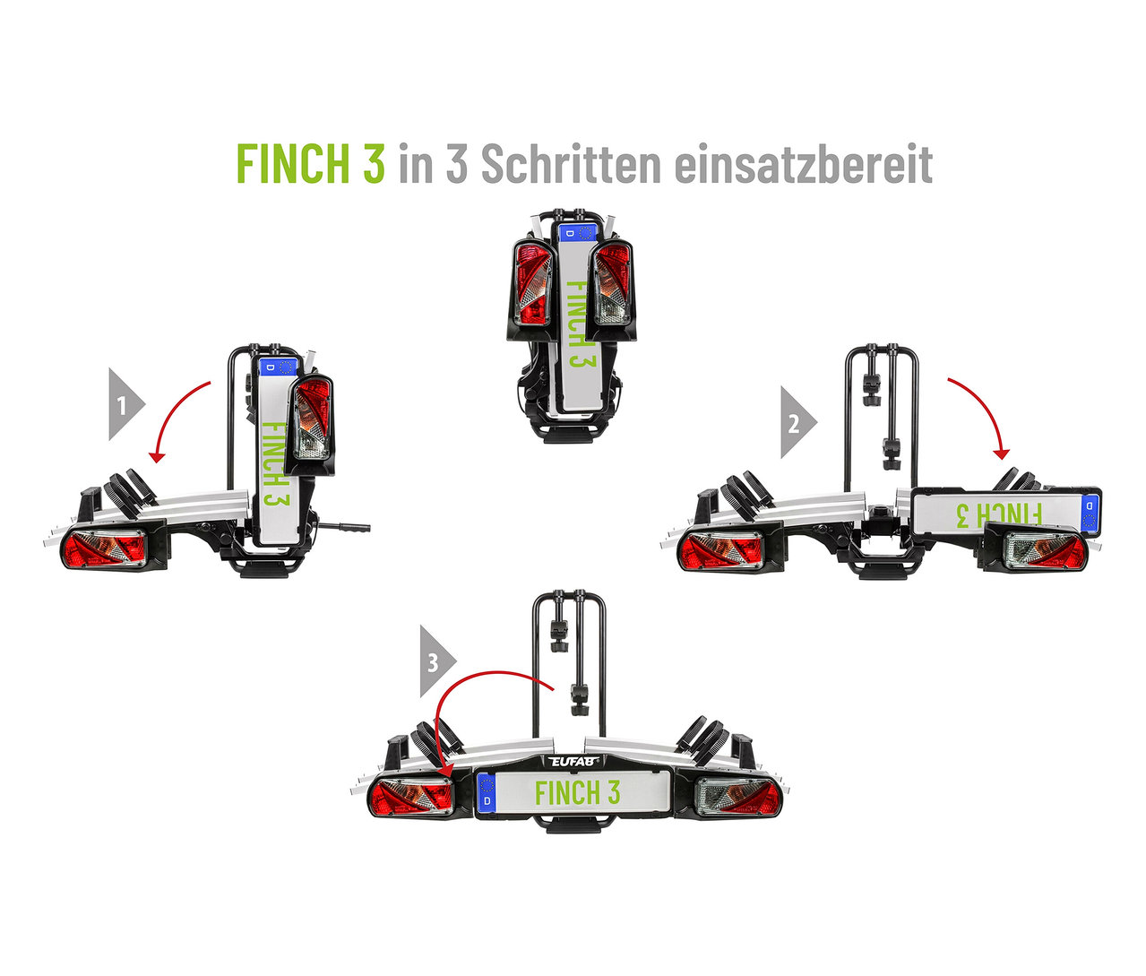 Montageanleitung für den »FINCH« Fahrradträger für 3 Fahrräder in drei Schritten.