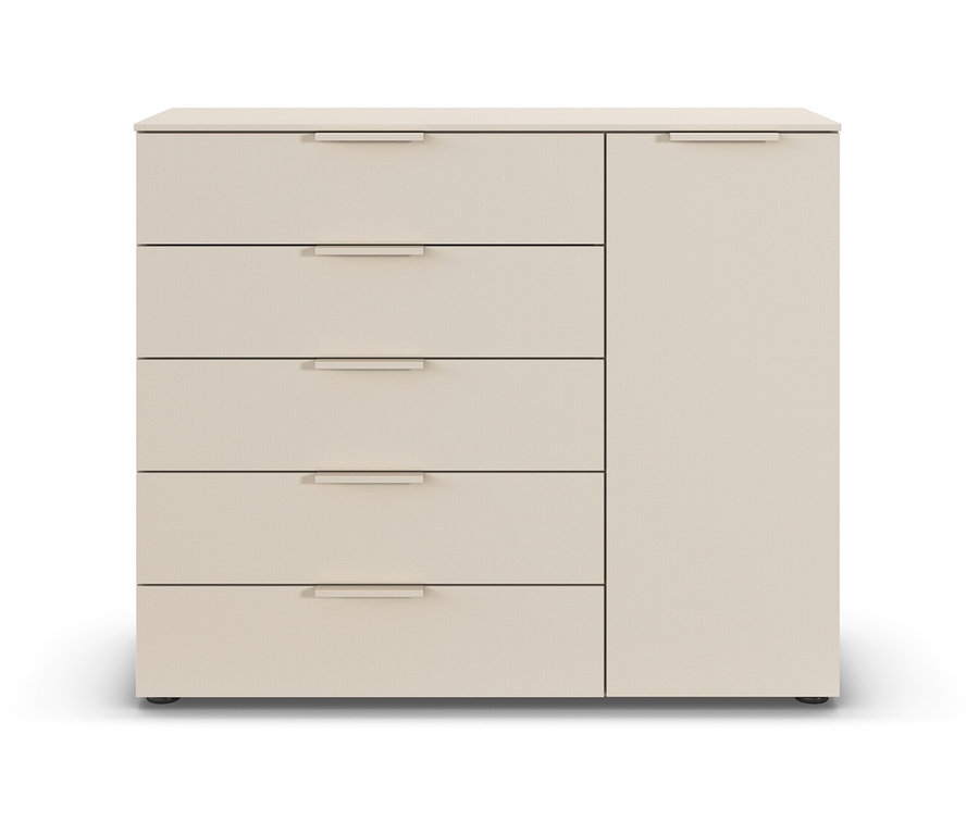 Ein beiger Schrank mit fünf Schubladen und einer Tür.