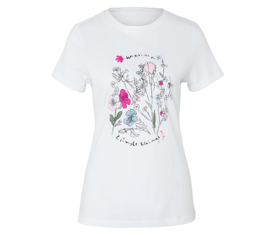 Weißes T-Shirt mit Blumenmuster.