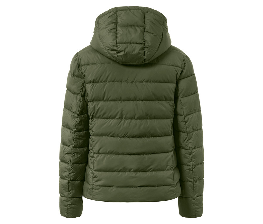 Rückansicht einer olivgrünen Steppjacke mit Kapuze.