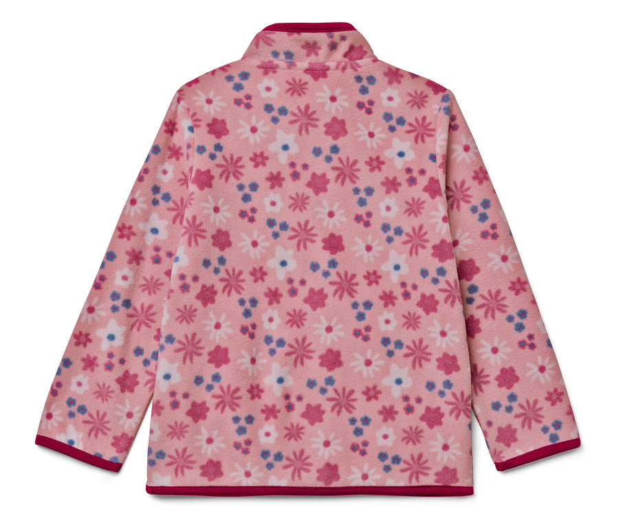 Rosa Fleecejacke mit Reißverschluss und Blumenmuster.