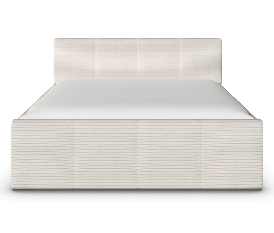 Beiges »Holga« Bett mit weissem Bettlaken.