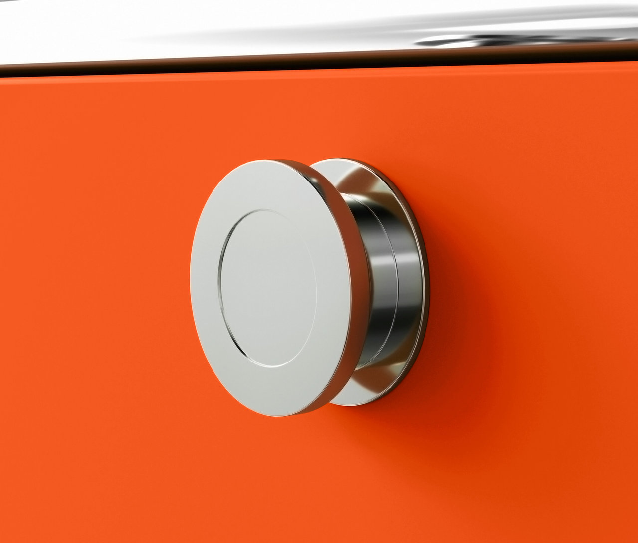 Detailansicht eines orangefarbenen Rollcontainers Metall »CN3« mit 3 Schubladen und silbernem Griff.