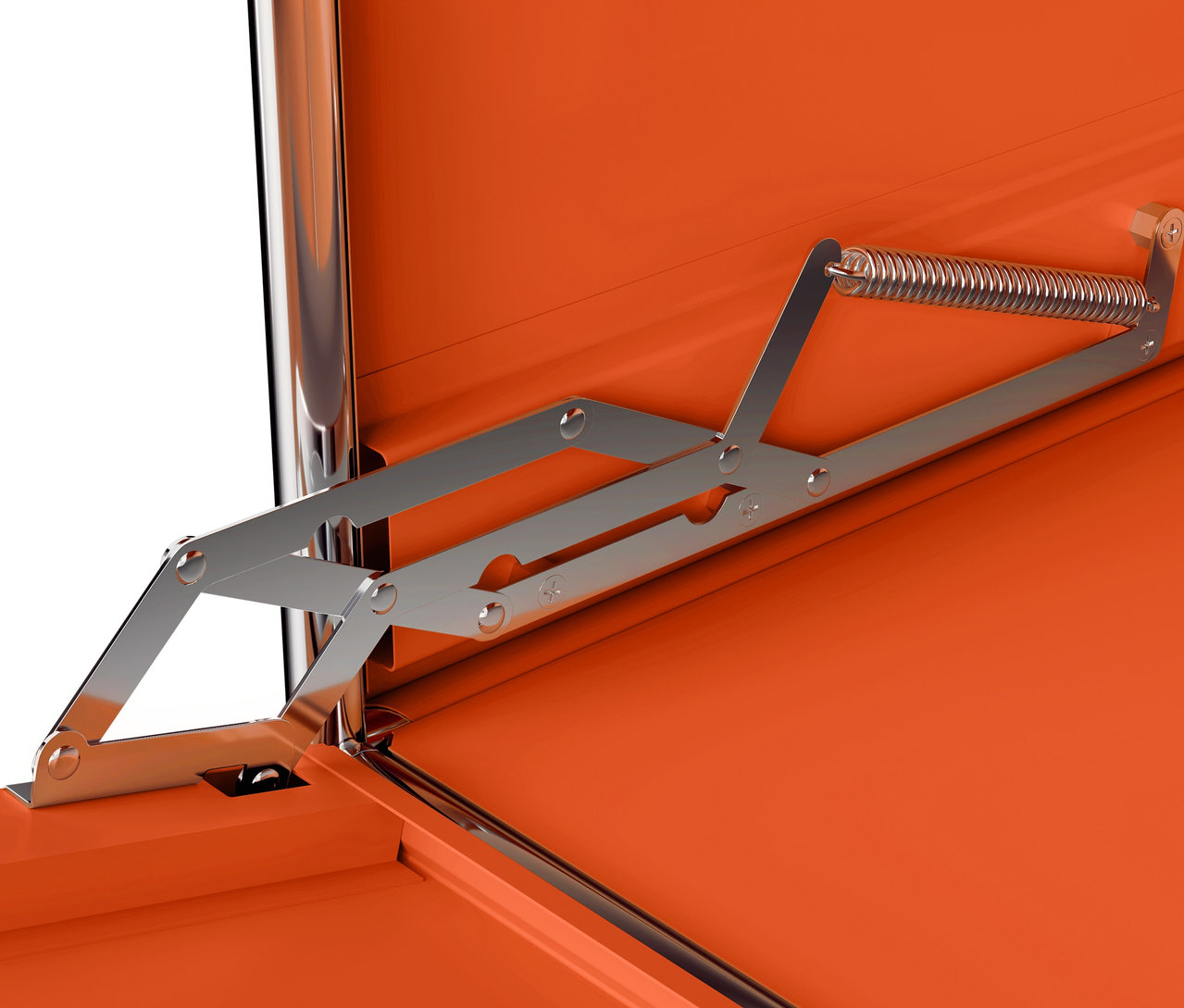 Detailansicht des Inneren eines orangefarbenen Sideboards Metall "CN3" mit 1 Klappenfach.