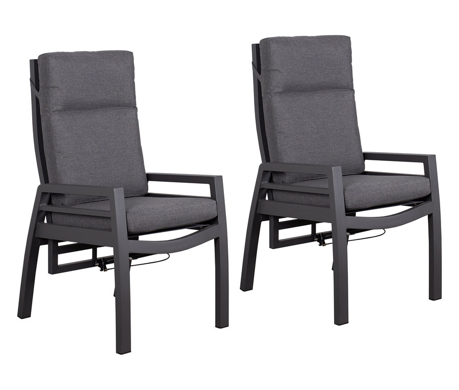 Zwei graue deVries Montana Alu-Dining-Sessel stehen nebeneinander.