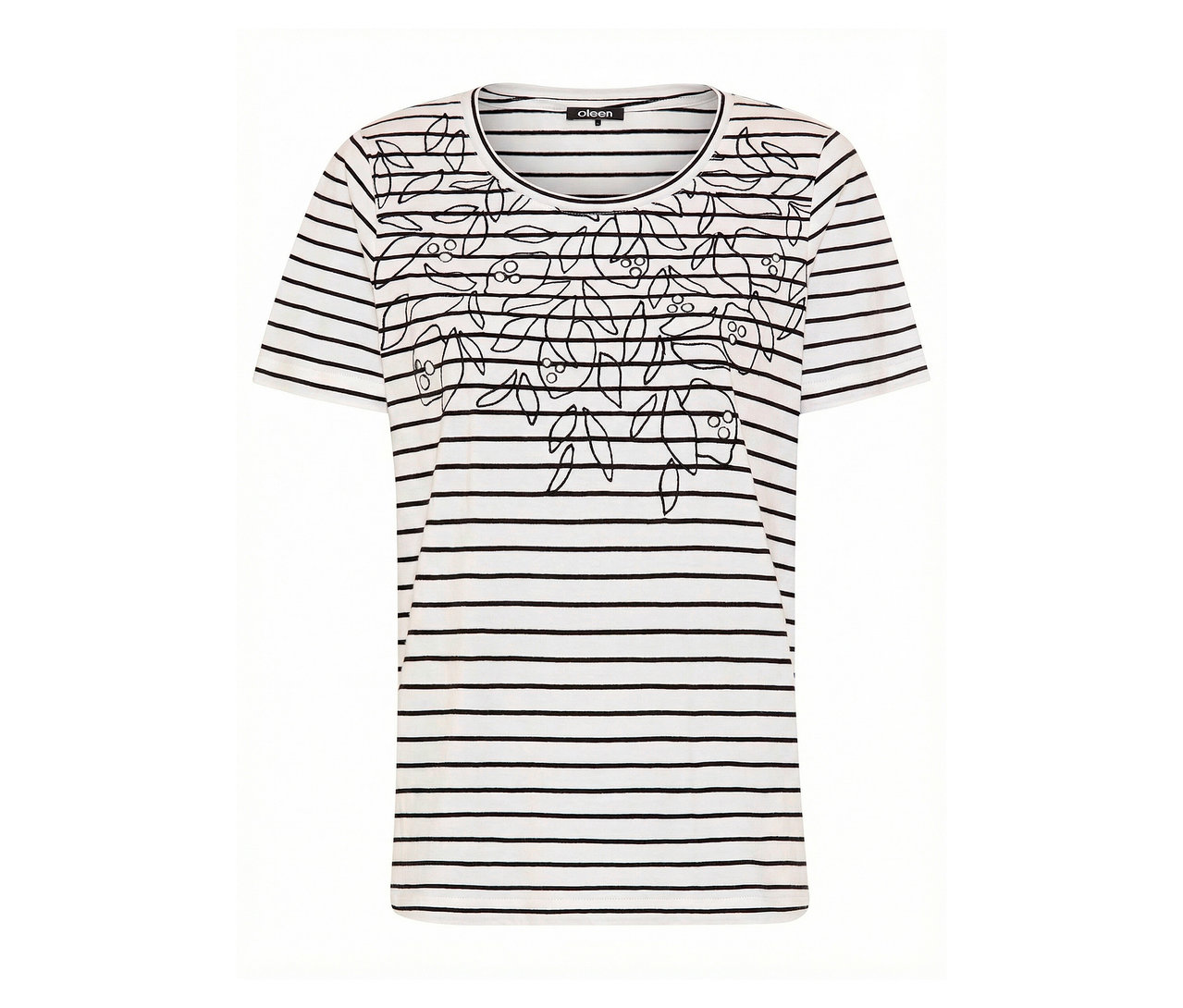 Olsen Shirt mit schwarzen Streifen und Blumenmuster auf weißem Grund.