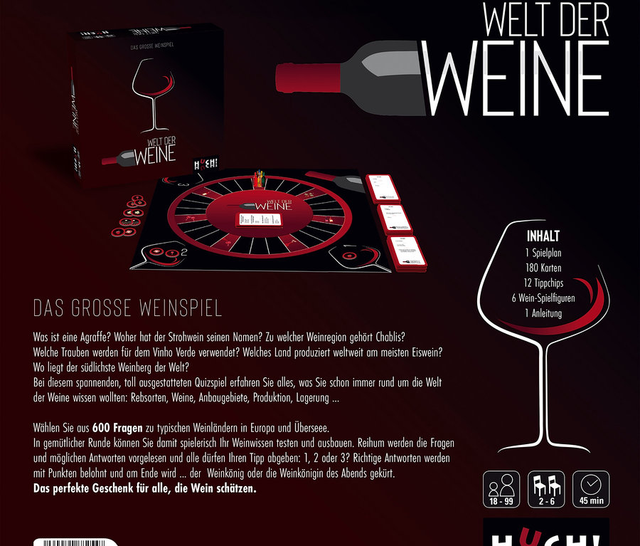 Das Spiel 'Welt der Weine' mit Spielplan, Karten, Chips und Spielfiguren ist aufgebaut.