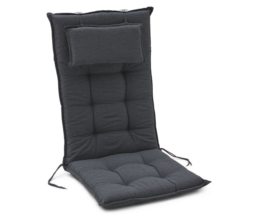Ein einzelnes, graues Stuhlkissen mit Rückenlehne und Kopfstütze liegt auf einem weißen Hintergrund.